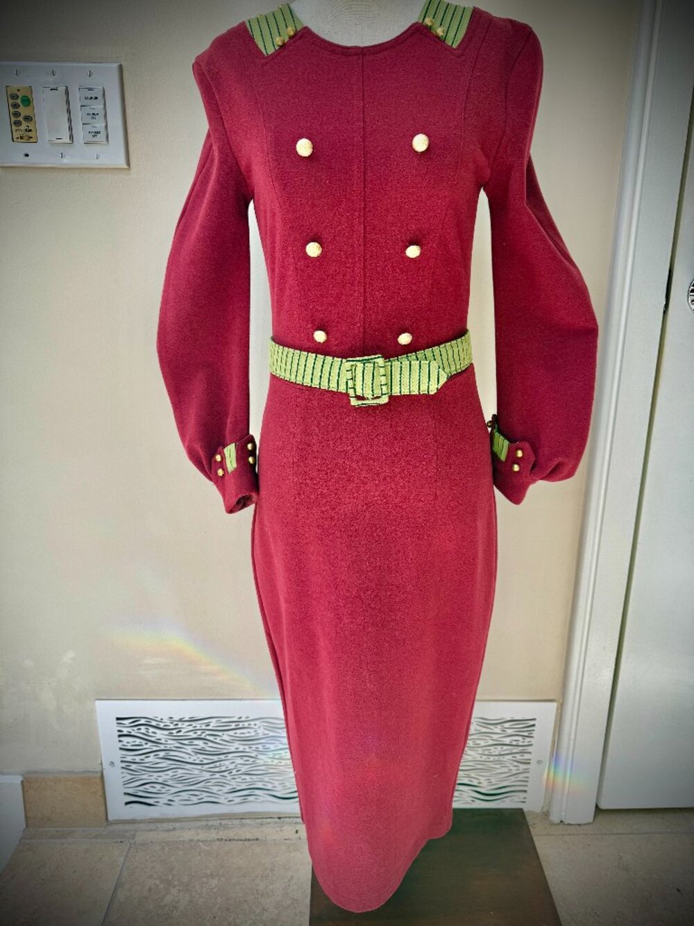 RARE Tatyana Burgundy / Maroon Pinup Wiggle Midi Dress w/ Gold Buttons incl Belt